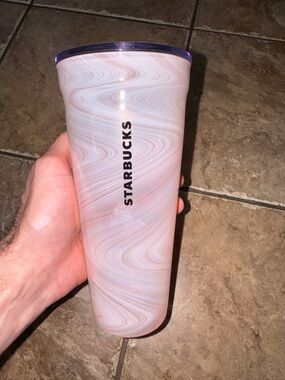 2017 Rare Starbucks Glass Tumbler Coral Pink Marble Cup Swirl Venti 20oz w/lid